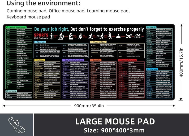 Rinaze Large Mouse Pad With Excel Shortcuts Cheat Sheet, Excel Tips Desk Mat, XXL Gaming Mousepad Keyboard Pad, Office Accessories for Computer, Mac, PC and Laptop - Image 5
